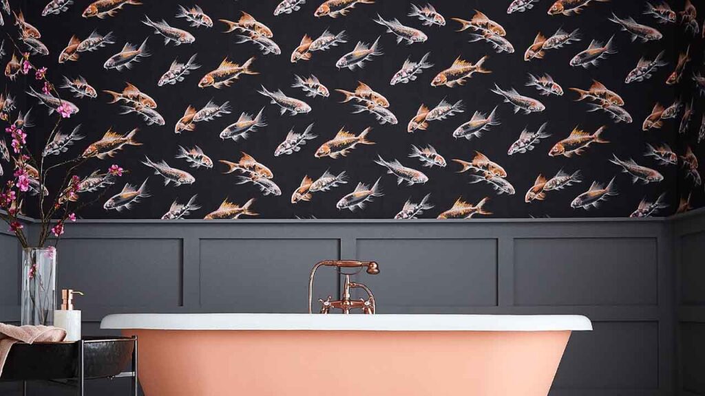 Bath Tub Next To A Wall With Wall Paper