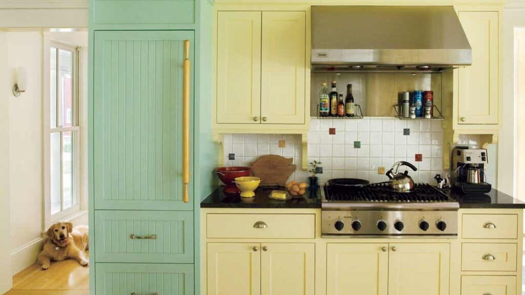 Washed Turquoise _ Buttery Yellow Kitchen