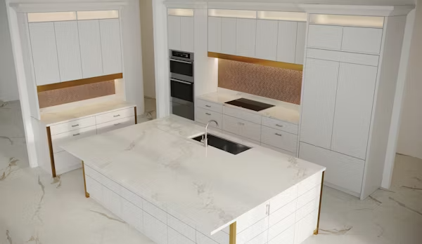Mixed material kitchen cabinets combining wood-stained lower cabinets with painted upper cabinets in bold colors like navy blue and emerald green.