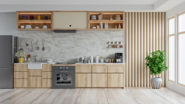 Natural wood kitchen cabinets with light oak and walnut finishes showcasing warm, textured wood grain for 2025 kitchen trends.