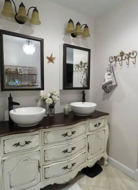 budget bathroom remodel using repurposed vanity