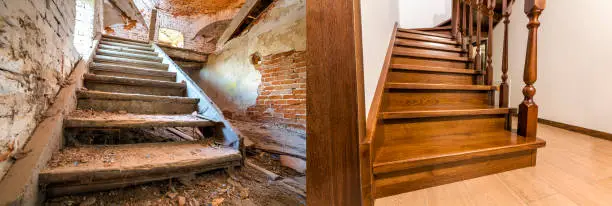 Side-by-side before and after photos showing restored home interior after fire damage