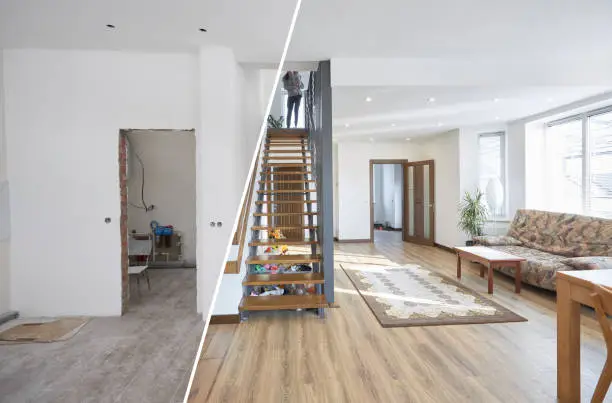 Before and after full home remodeling comparison showing dramatic interior transformation