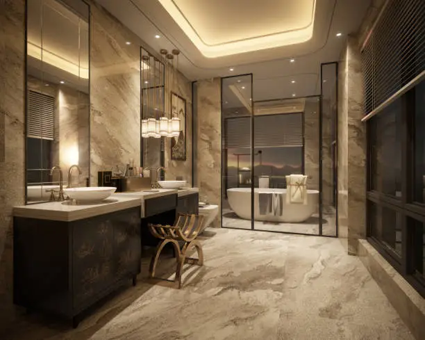 Modern bathroom remodel with layered lighting showcasing ambient, task, and accent fixtures.