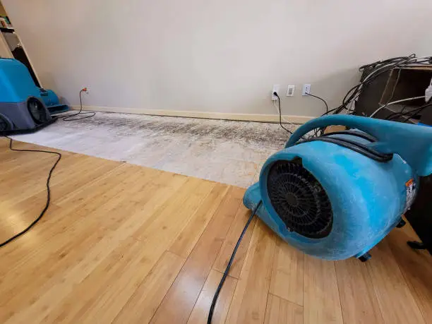 Water damage restoration in progress with drying equipment – damage restoration
