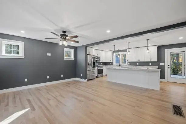 Full home remodeling project showing modern open concept living and kitchen area