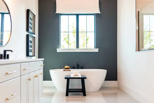 Luxury bathroom with freestanding tub and designer hardware