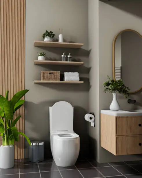 Small bathroom renovation with built-in niches and space-saving storage solutions.