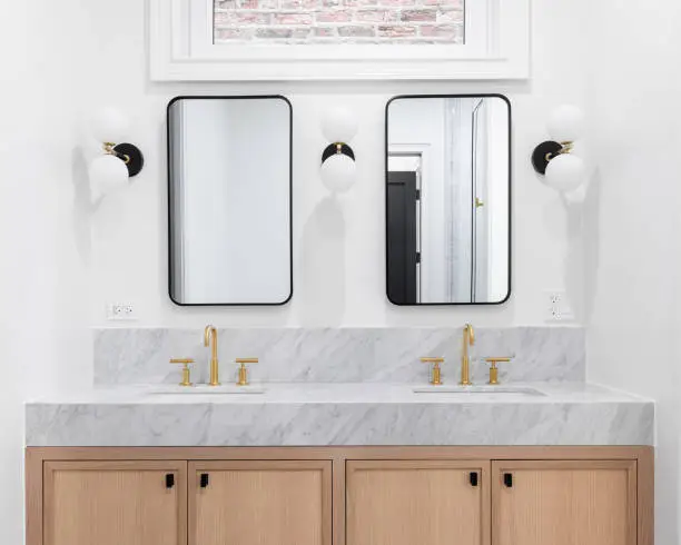 elegant bathroom renovation with quartz countertop double vanity