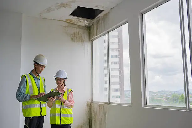 Restoration professionals assessing water damage in a home