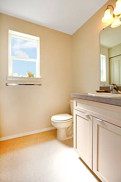 Bathroom remodel using natural light from a window to complement artificial lighting.