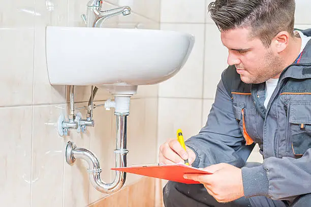 Contractor inspecting bathroom plumbing and layout before renovation