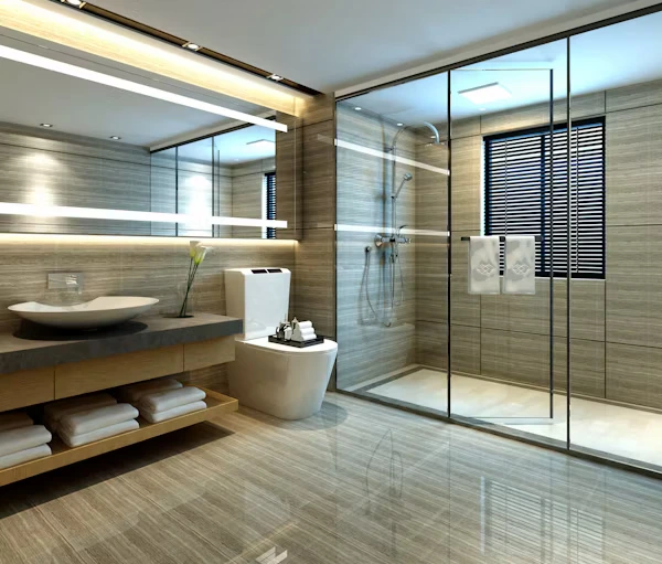 luxury bathroom renovation with walk-in shower and double vanity