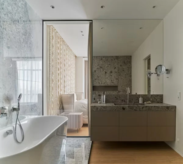 Modern bathroom upgrade with walk-in shower and double vanity in Northern Virginia home