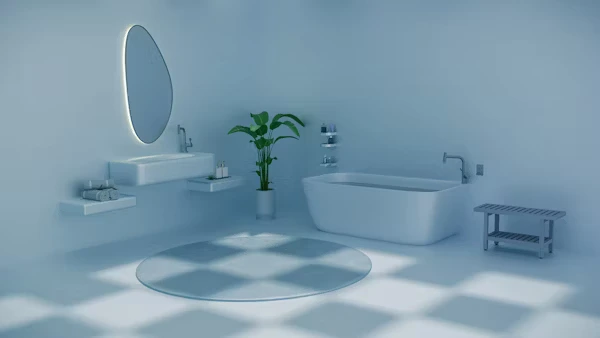 Sleek chrome low-flow faucet and LED lighting in a modern energy-efficient bathroom upgrade