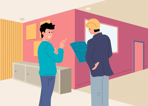 Real estate agent showing remodeled bathroom to homebuyers