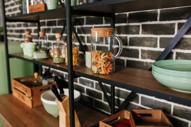  Materials for open shelving in modern kitchen remodel design.