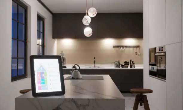 Smart kitchen with built-in lighting, audio, and digital controls