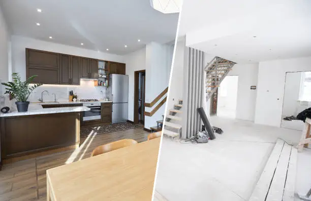 Side-by-side comparison of a remodeled kitchen and a house under full rebuild.