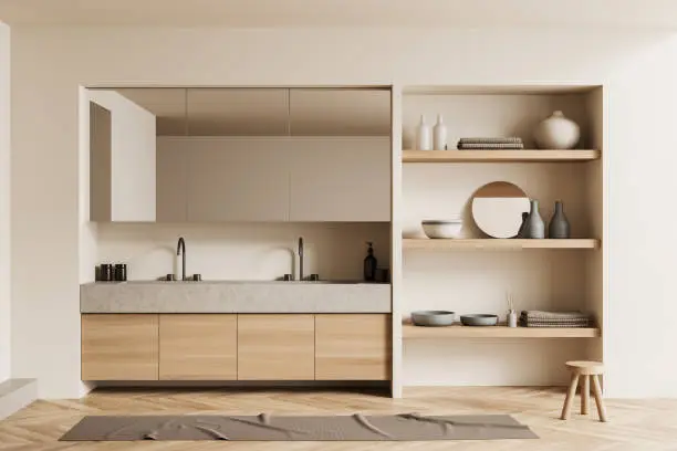 Modern kitchen remodel with open shelving and minimalist design.