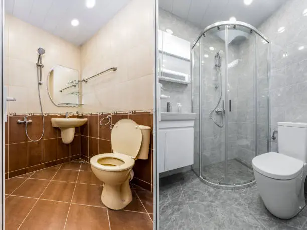 Before and after images of a small bathroom remodel showing updated design and better space use.