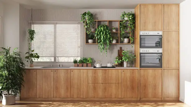A contemporary kitchen featuring a vertical herb garden, wooden cabinetry, and stone countertops, emphasizing biophilic design in a functional space.