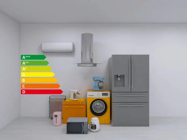 An energy-efficient appliance with a rebate tag in a bright, modern kitchen.