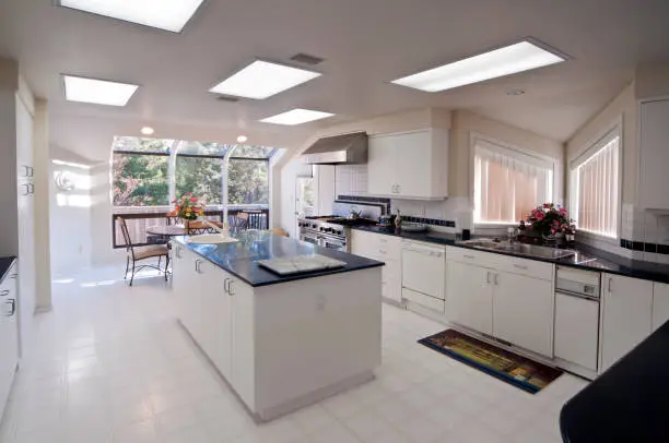 Kitchen remodeling project featuring skylights and reflective surfaces