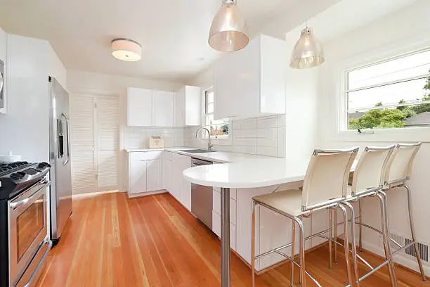 Sleek, remodeled kitchen with low-VOC cabinetry, quartz countertops, and wood-free flooring to minimize allergen accumulation.