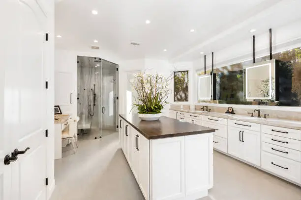 Bright modern kitchen and bathroom remodeling that integrates remote workstations and wellness features