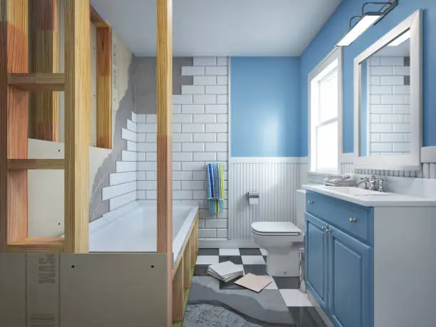 Waterproof bathroom remodel with mold-resistant surfaces and emergency-ready storage