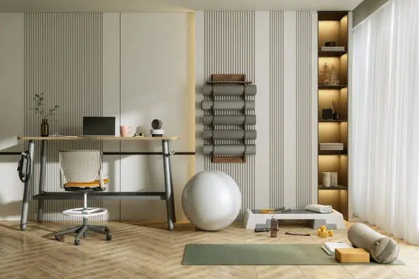 Wellness-focused basement remodel featuring yoga mats and relaxing ambiance