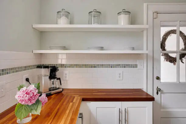 L-shaped small kitchen remodel with open shelving