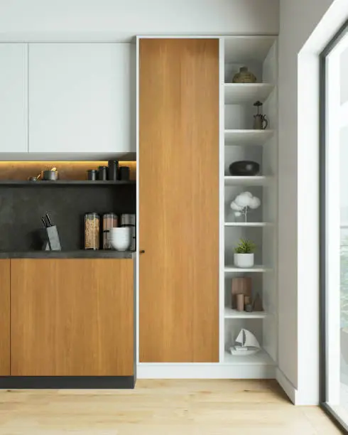 Hybrid storage with open shelving in a small modern kitchen remodel.