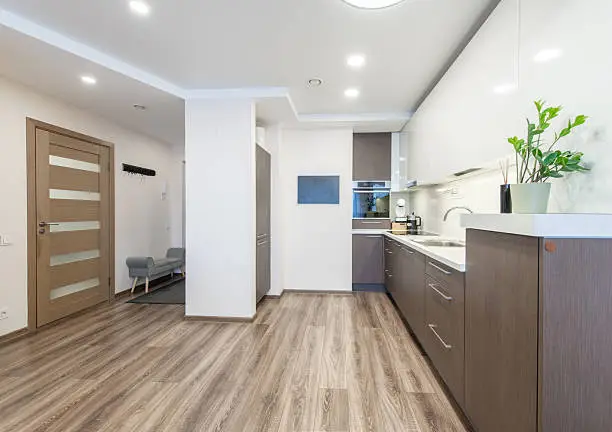 Interior view of a remodeled kitchen and bathroom with cohesive flooring design