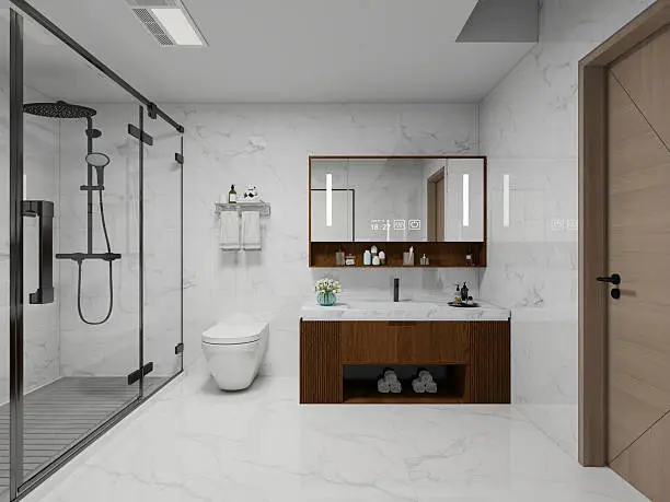 Digital shower and smart bathroom mirror in a contemporary bathroom remodel