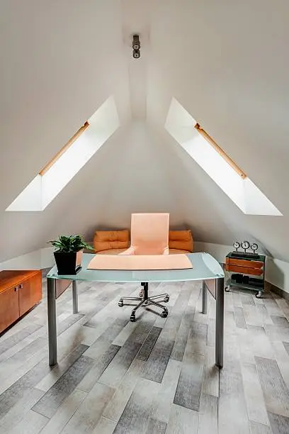 Modern attic home office with skylights and sleek design – attic home remodeling inspiration