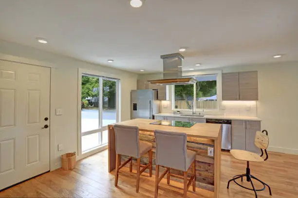 Kitchen remodeling project with reclaimed wood, recycled countertops, and energy-efficient appliances