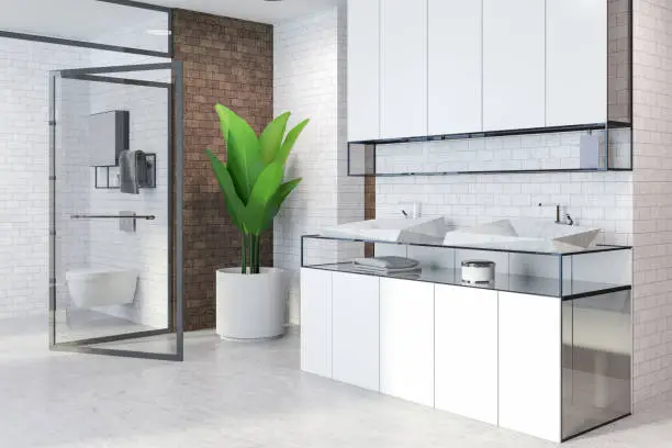 A modern kitchen and bathroom with eco-friendly fixtures, showcasing a stylish water efficiency remodel.