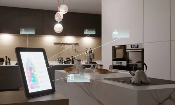 Smart kitchen with energy monitors, showcasing KBR’s kitchen renovation near me with circular design.