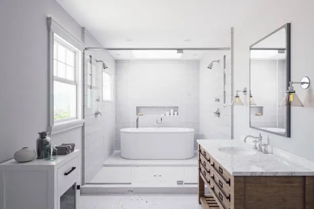Flood-resistant bathroom renovation, reflecting KBR Kitchen & Bath’s expertise as a bathroom remodel company.