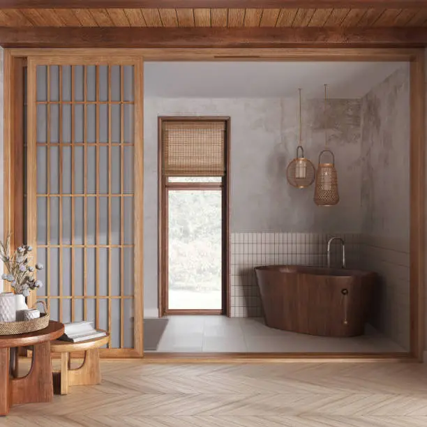 Japanese-inspired bathroom renovation with soaking tub, showcasing KBR Kitchen & Bath’s small bathroom renovation expertise.