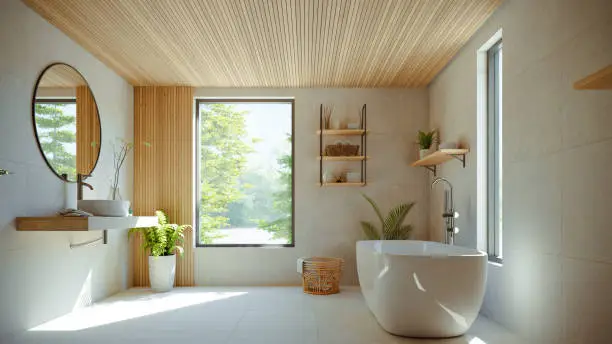Spa-like bathroom remodel near me with freestanding tub and smart ventilation, promoting wellness for remote workers by KBR Kitchen & Bath.