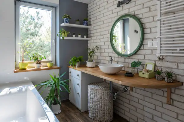 Eco-friendly bathroom interior, reflecting KBR’s circular design in kitchen and bathroom remodeling.