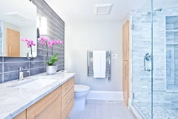 Wellness-focused bathroom remodeling by KBR’s bathroom remodel company in Fairfax showrooms.