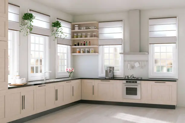 Modern kitchen with low-VOC cabinets, showcasing KBR Kitchen & Bath’s kitchen and bathroom remodels for seasonal allergies.