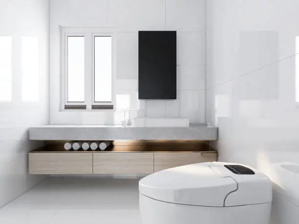 Bathroom with quartz counters and matte tiles, minimizing radio signal interference.
