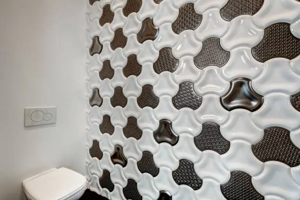 Bathroom with 3D-printed tiles and sustainable materials.