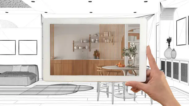 3D kitchen design mockup on a tablet, highlighting KBR’s planning process.