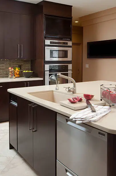 Kosher kitchen with dual sinks and smart appliances.